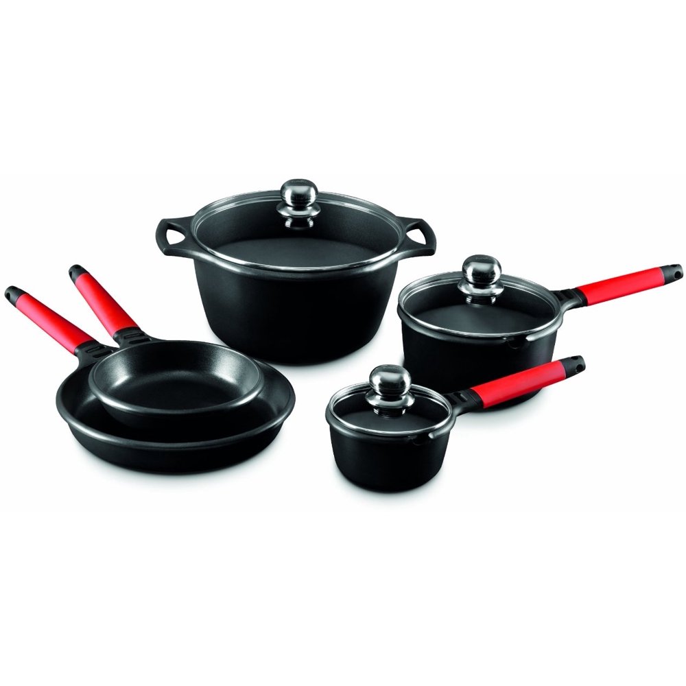 Fundix 8 Piece Black Cast Aluminium Cookware Set with Red Removable