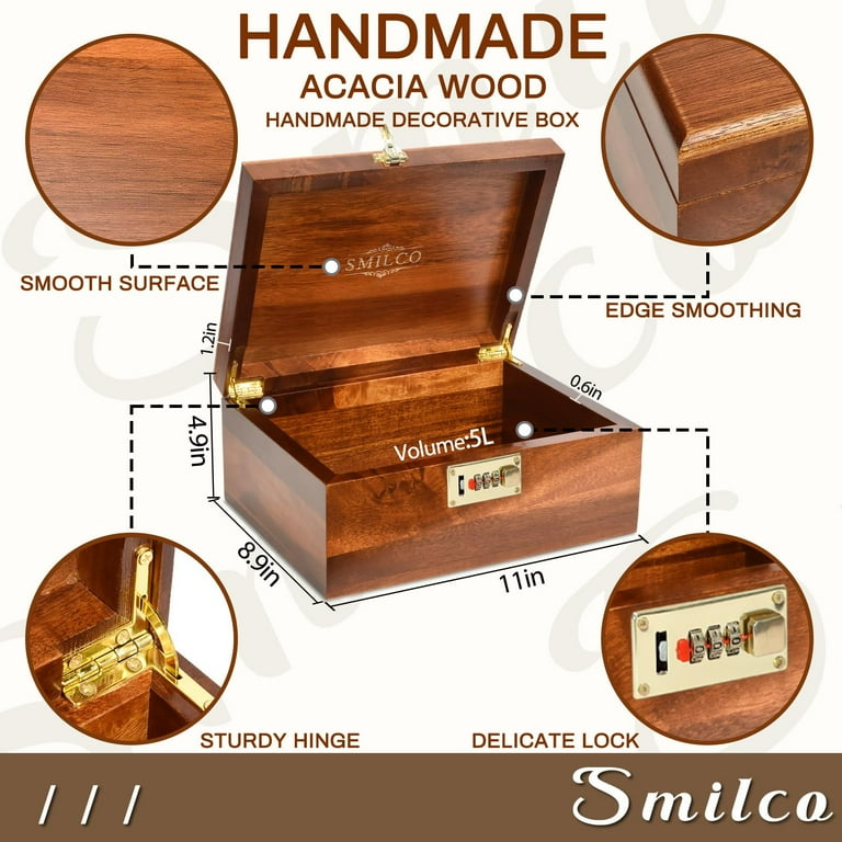 Acacia Wood Decorative Storage Boxes with Combination Lock Hand
