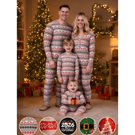 KICILVS Matching Christmas Pjs for Family Deer Snowflake Print Pajama Set Long Sleeve Round Neck Tops and Pants Holiday Family Sleepwear
