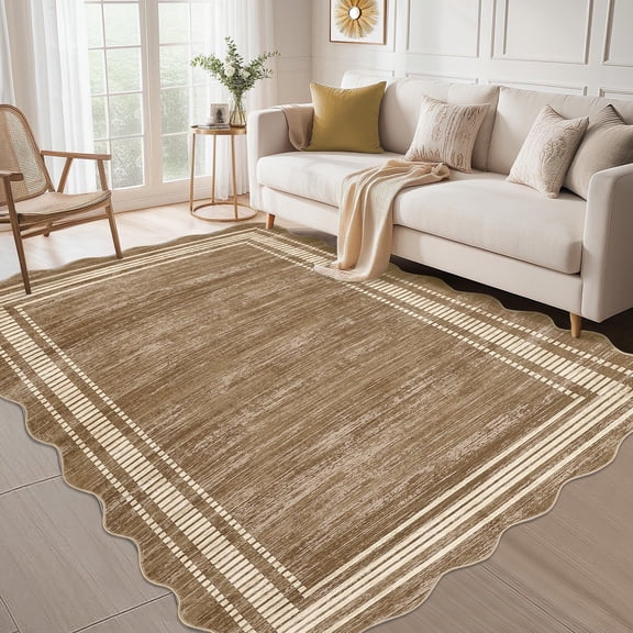 Twister.CK Modern 9' x 12' Bordered Area Rug, Washable Irregular Rugs, Non-Slip Carpet for Bedroom Dining Room Home Office, Camel