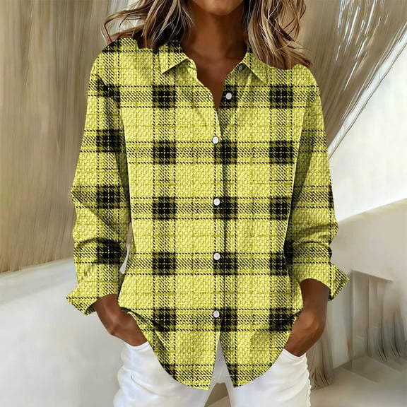 Dressy Plaid Button Down Shirts for Women Casual Long Sleeve Lapel Blouse Oversized Fall Winter Shirt Jackets