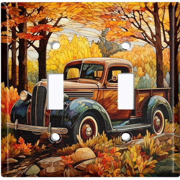 Metal Light Switch Wall Plate Outlet Cover (Printed Image of Rustic Stained Glass Truck - Double Toggle)