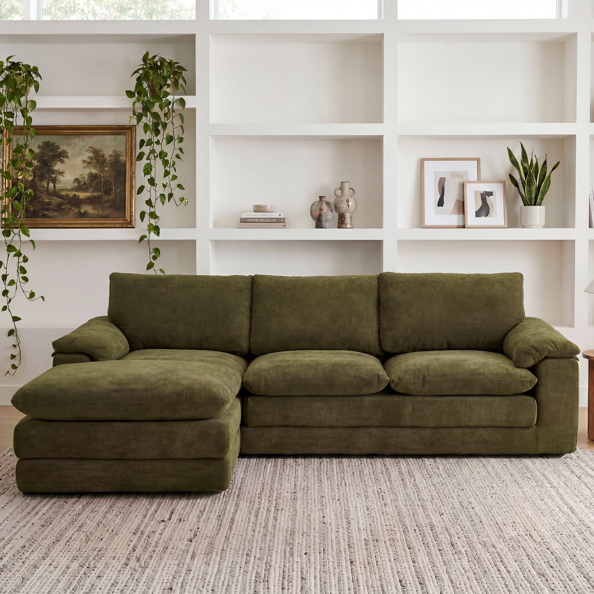Leumius L-Shape Modular Sectional Sofa, Cloud Couch with 1 Movable Ottoman, Comfy Chenille Deep Seat Sofa with Soft Pillows for Living Room Apartment (Green)