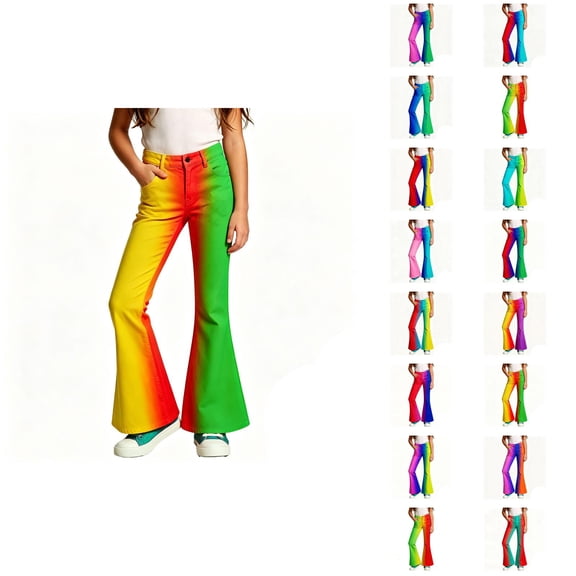 Girls Flare Pants Fashion Gradient Color Casual 70s Disco Bell Bottom Pants Trousers with Pockets 5-16 Years