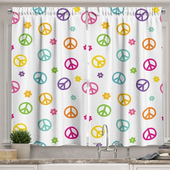 Ambesonne Colorful Kitchen Curtains, Old Peace Sign, 55"x24", Multicolor