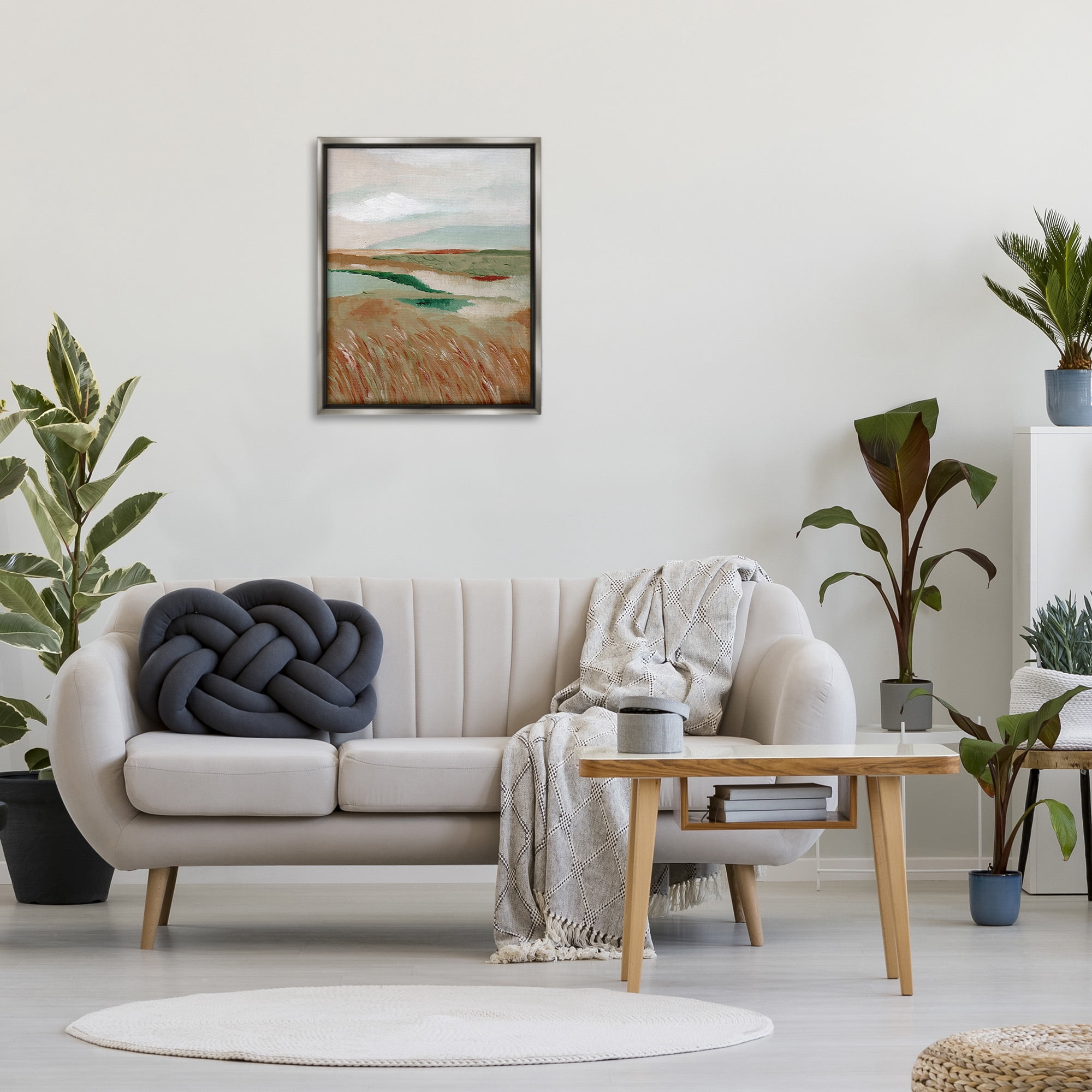 Stupell Industries Abstract Pasture with River Landscape Painting Gray Floater Framed Canvas Art Print Wall Art, 25 x 31