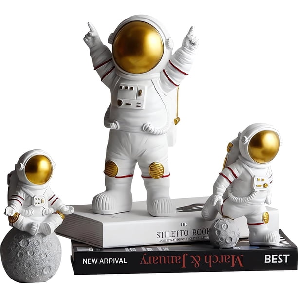 Blanco 3 piezas figura de astronauta estatua escultura gran astronauta decoración del hogar acentos, estante de mesa sala de estar, adorno de planeta de resina exterior para tarta