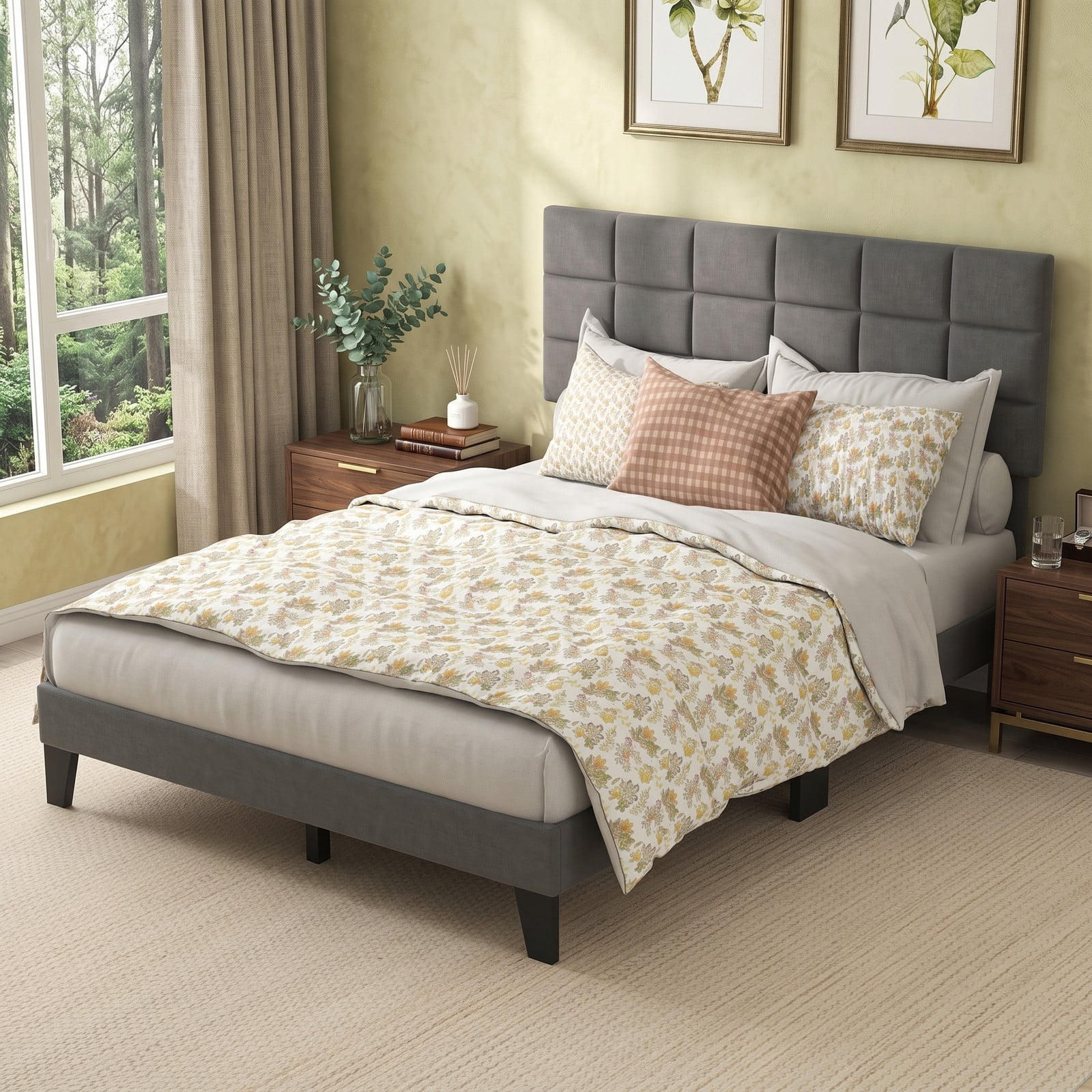 Furnibear Queen Size Bed Frame, Upholstered Linen Platform Bed with Adjustable Square Tufted Headboard and Wood Slats for Bedroom, Gray
