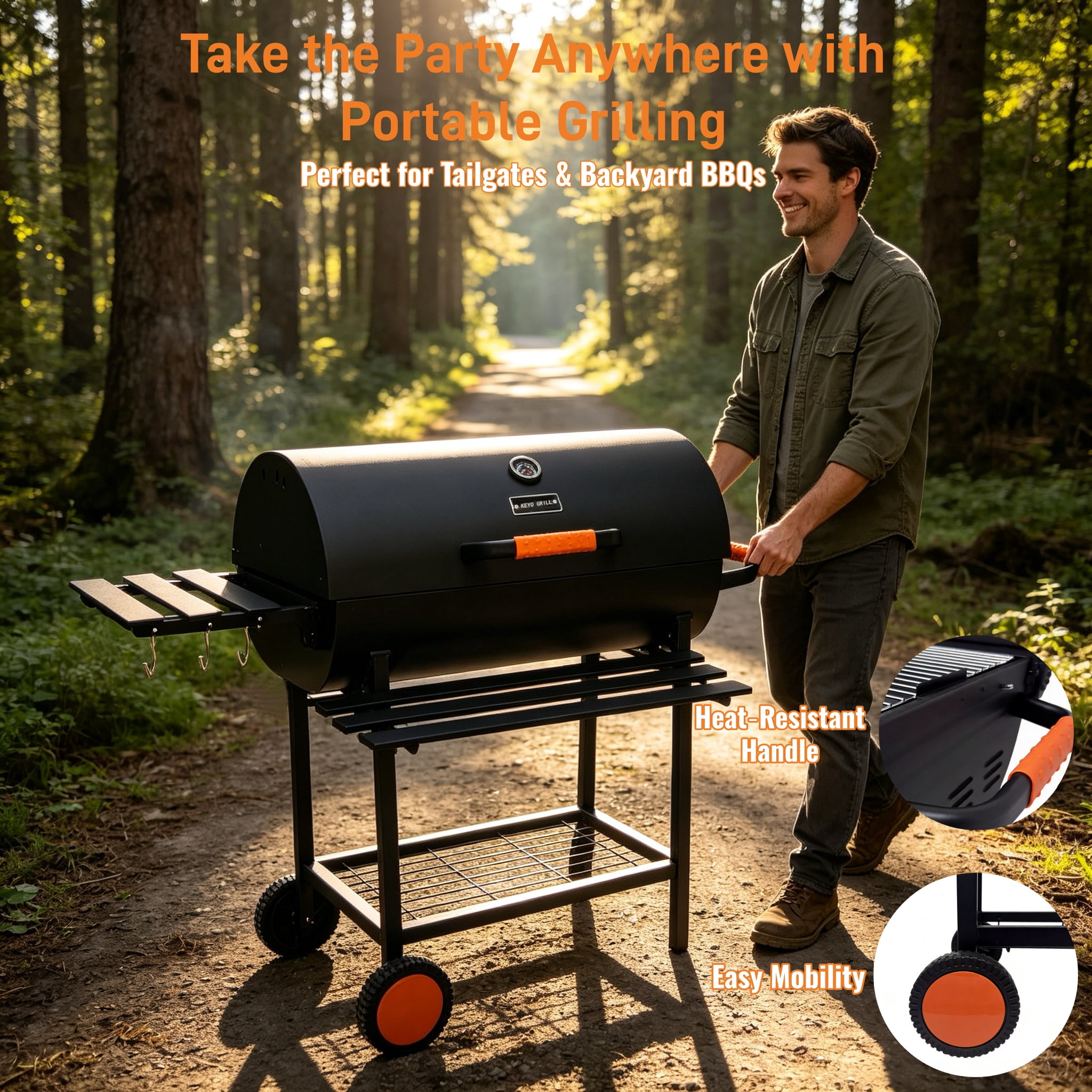 KEYO GRILL 537 SQ in Charcoal Grill with Adjustable Height Charcoal Pan, Foldable Side Shelf for Backyard, Black