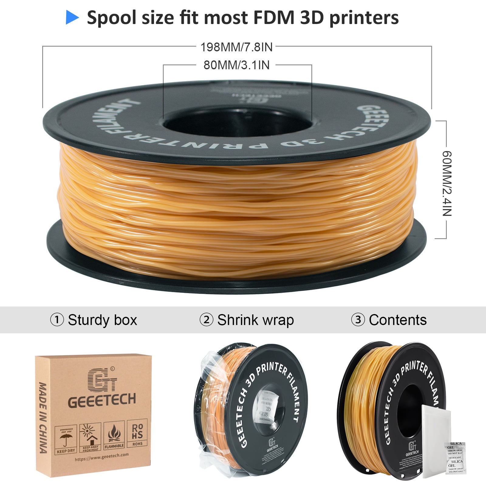 Geeetech TPU 1.75mm Flexible Soft Filament Gold, 10kg Spool (22 lbs.), Dimensional Accuracy +/- 0.03 mm