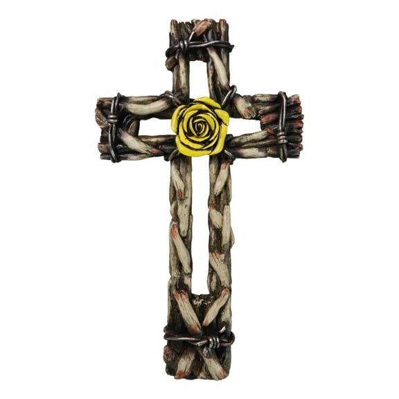 Rustic Western Yellow Rose with Distressed Faux Wood and Barbed Wires Wall Cross