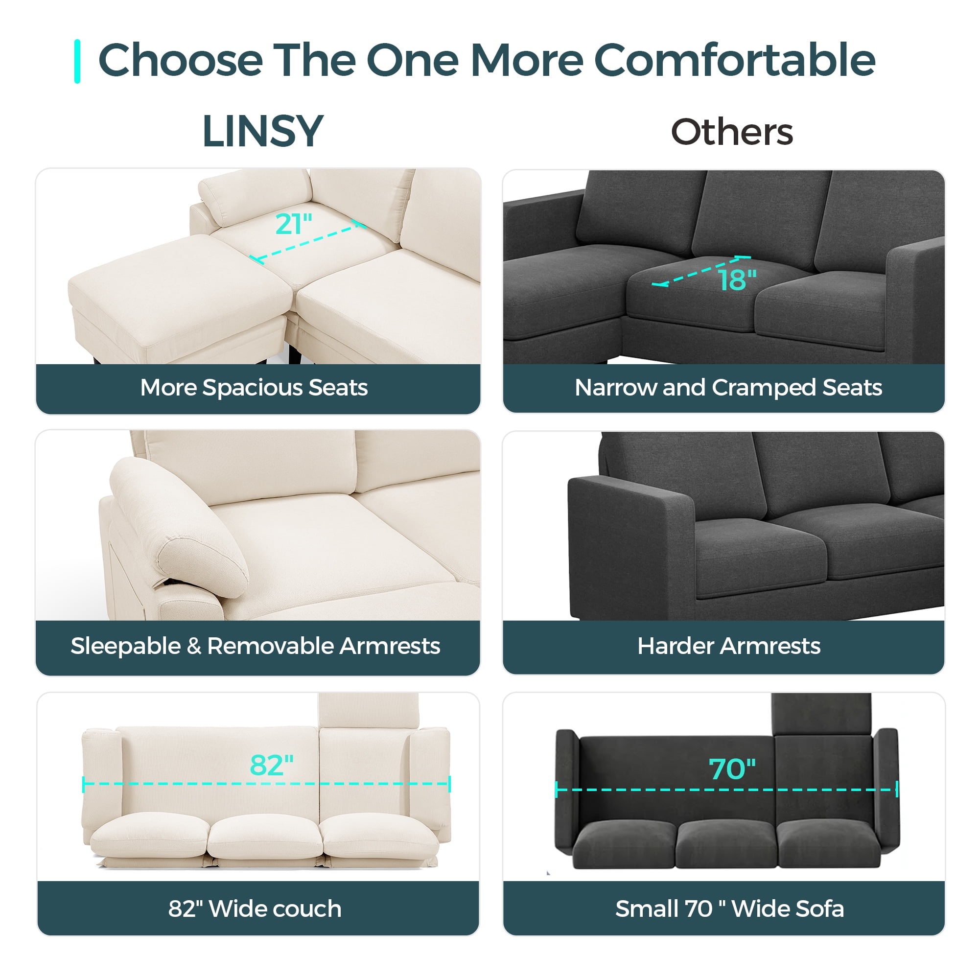 LINSY HOME 82" Reversible Sectional Sofa Couch, 3 Seater L -Shaped Sofa with Movable Ottoman for Living Room, Beige