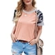 thumbnail image 1 of Mujer Cuello Redondo Top Camisa De Manga Corta Empalme A Rayas Impreso Top Verano Causal Blusa Rosa L, 1 of 6
