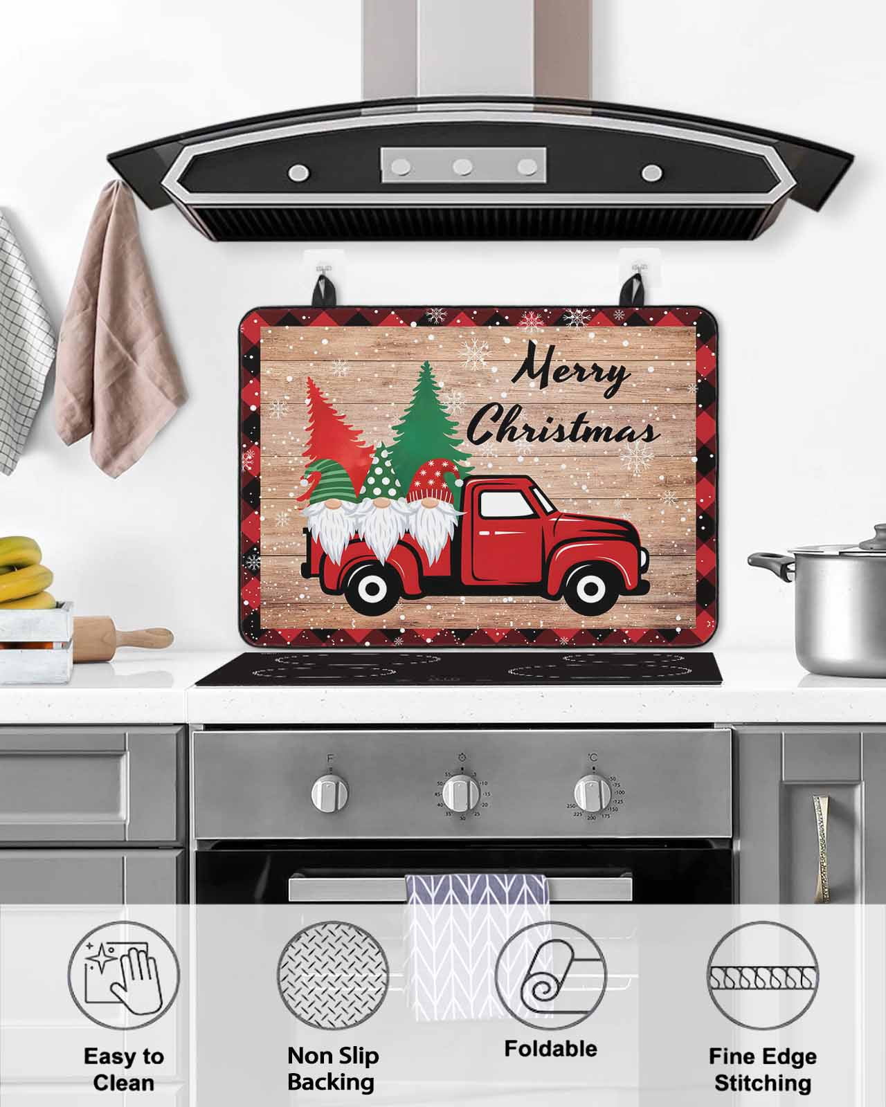 Large Induction Cooktop Protector Mat Red Christmas Stove Top Covers for Electric Stove, Truck Gnomes Xmas Tree Snowflake Wooden Plaid Decorative Stove Burner Cover Mats, Glass Top Stove Cover