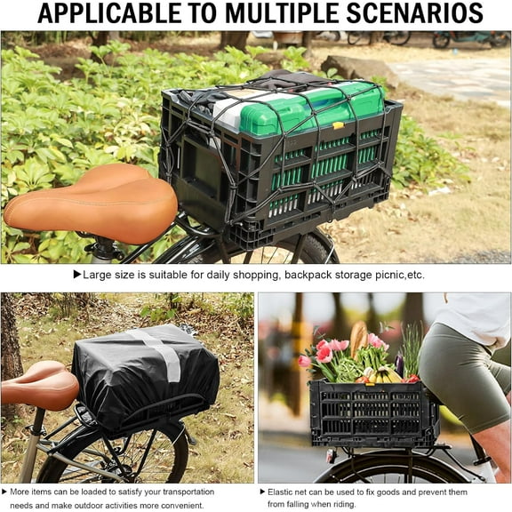Bike Foldable Rear Basket, Rear Bicycle Cargo Rack, Ebike Storage Rear Basket with Large Capacity, Cargo Net and Rainproof Cover, Easy to Install. Resistant to Heat & Corrosion
