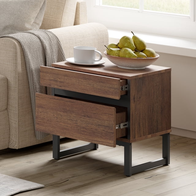 WAMPAT Table d'Appoint Moderne, 2 Tiroirs, Petite Table d'Appoint pour Petit Espace, Table de Chevet en Bois, Rangement de Chevet pour Salon, Chambre, Brun Rustique