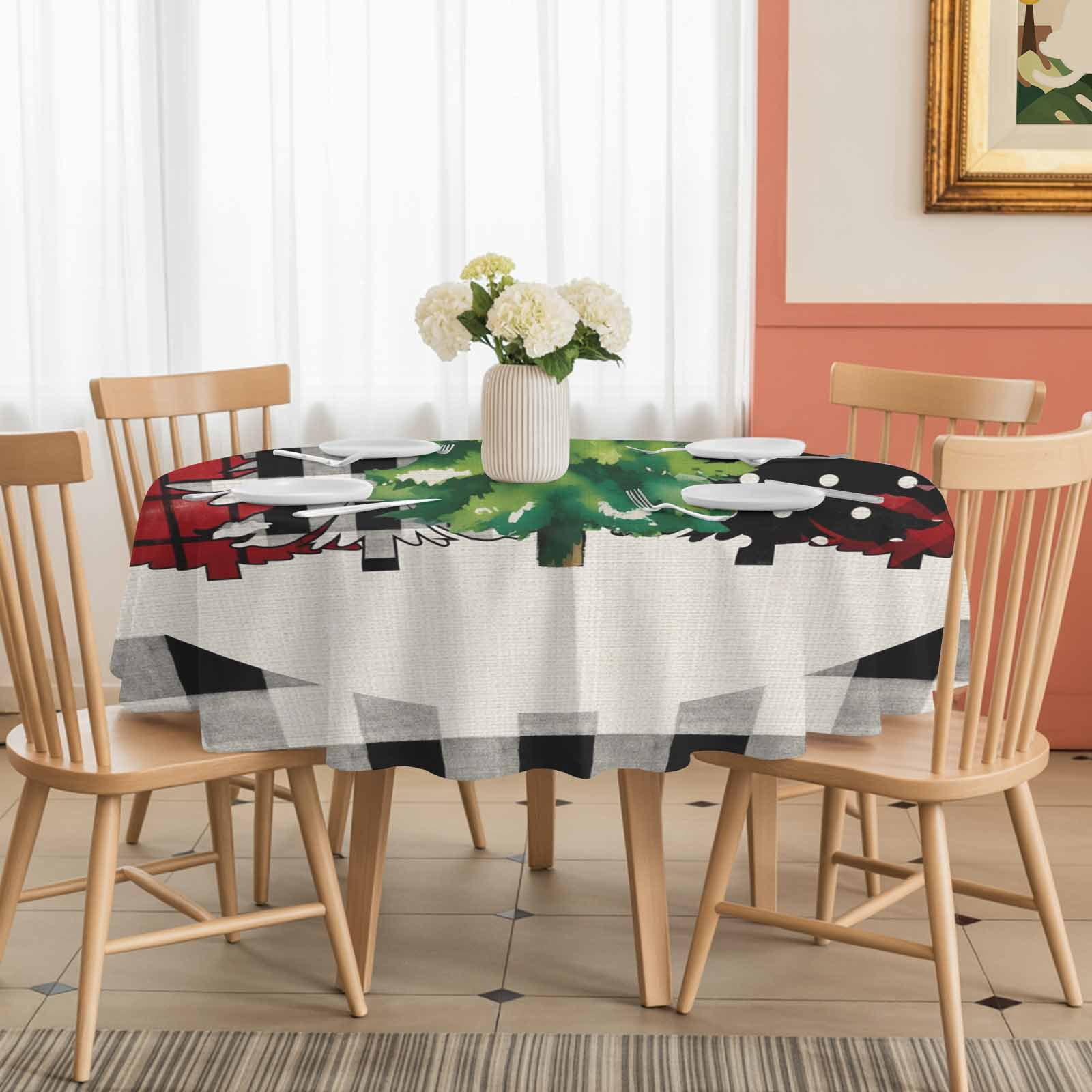 Round Tablecloth Merry Christmas Waterproof Oil Proof Polyester Table Cloth Cover Decor for Home Dining Outdoor,Patio,Parties, 60" Dia. Farmhouse Plaid Christmas Tree