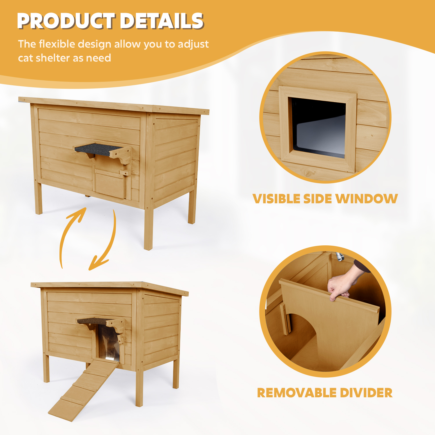 Hidpriva Insulated Wooden Outdoor Cat House, Weather-Resistant Feral Cat Shelter for Winter w/ Foldable Ladder & Visible Window, Brown