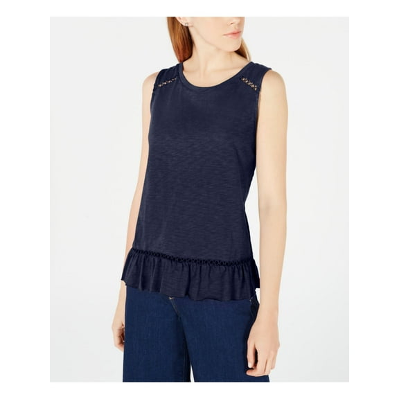 MAISON JULES Womens Navy Ruffled Sleeveless Jewel Neck Top L
