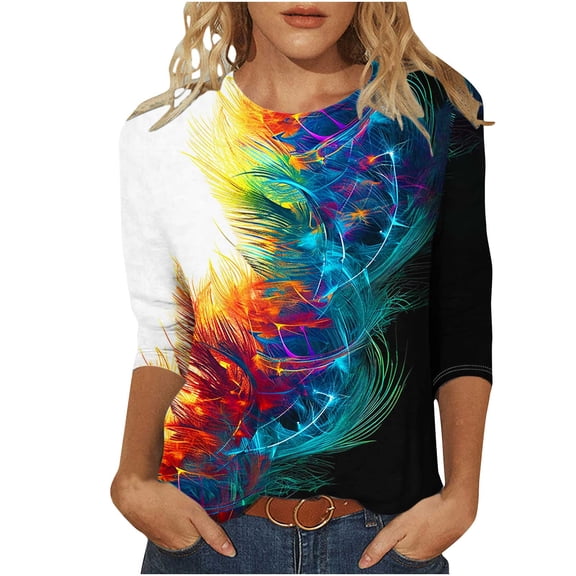 Sakmal Plus Size Ladies Shirts 3/4 Sleeve Bird Graphic Crew Neck T-Shirts Plus Size Ladies Shirts
