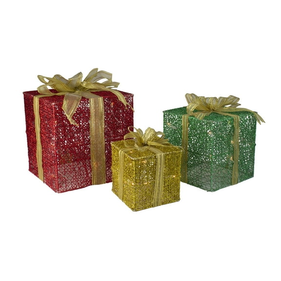 Set of 3 Glittering Gift Box Set Lighted Christmas Outdoor Decoration
