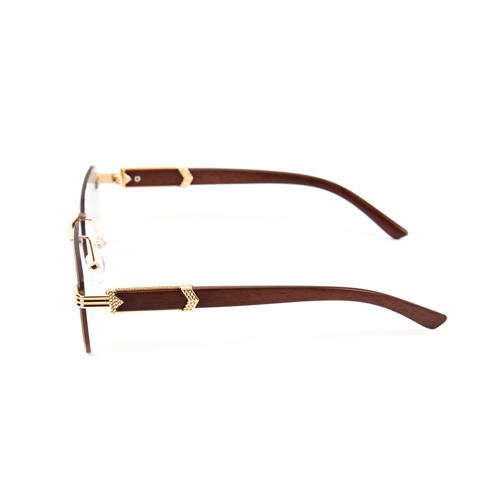 Men's Gold Frame Rimless Gray Tan Gradient Tint Hip Hop Woodgrain Sunglasses