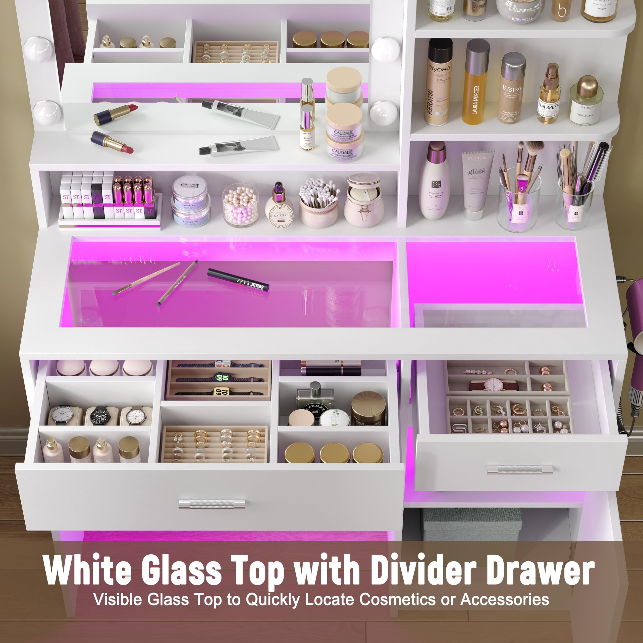 White Vanity Desk with Mirror & LED Lights, Glass Top, Power Outlet, 36 Modes Dimmable RGB Drawers, Makeup Dressing Table for Bedroom