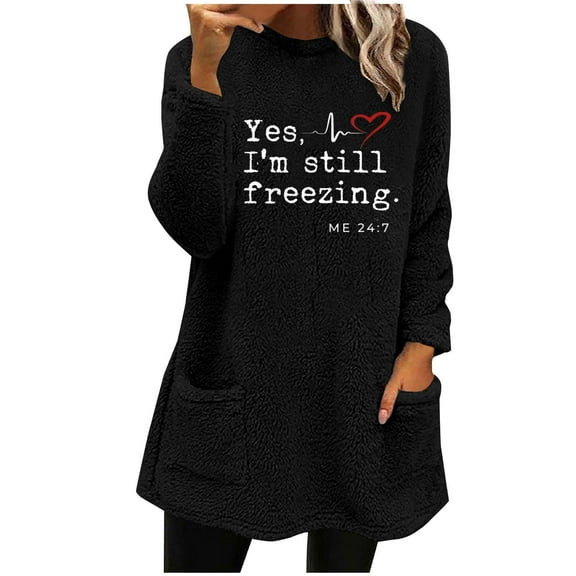 WREESH Womens Fashion Sweatshirt Fuzzy Fleece Crewneck Sweatshirt Print Pullover Plus Size Long Sleeve Tops Round- Neck And Winter Loose Pocket Warm Blouse Tops Black