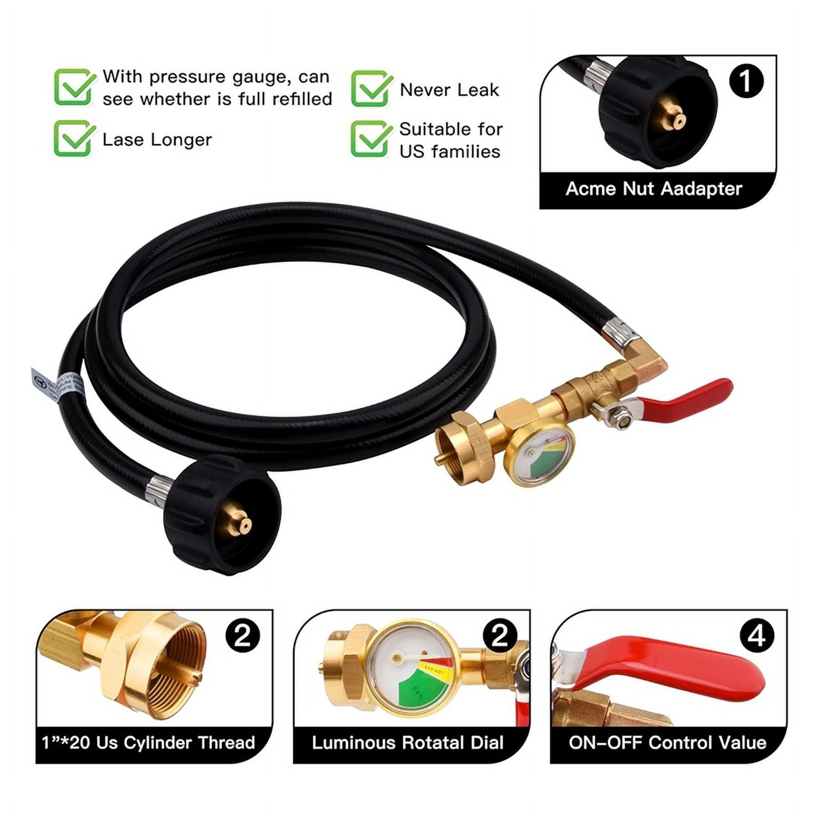 Symkmb 36Inch Propane Refill Adapter Hose,High Pressure Camping Grill(/Type1 Inlet) 1LB Propane Gas Tank Adapter Connector PVC+Brass Black