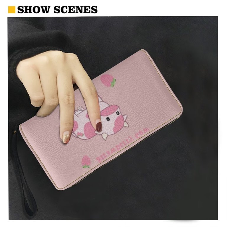 Fkelyi Pink Cow Print Zipper Wallets for Women and Girls,Credit Cards Phone Purse Pouch,Debit Cards Card Holder Organizer Wallet for Travel and Office