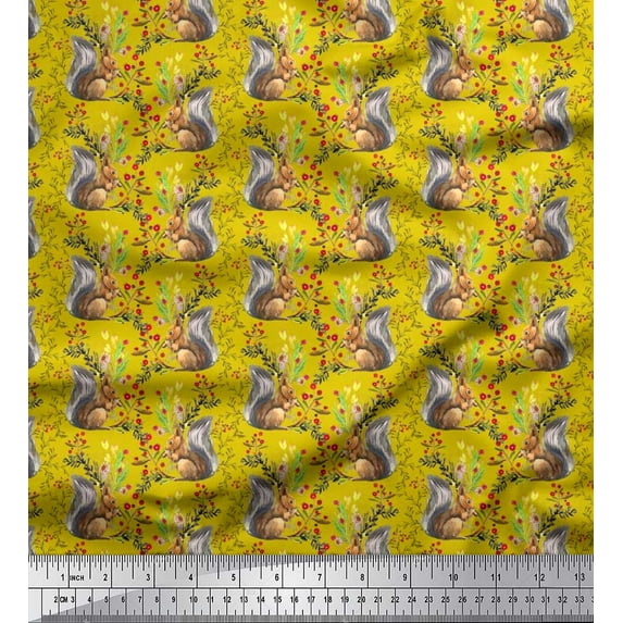 Soimoi Satin Silk Fabric Leaves,Floral & Squirrel Animal Printed Fabric 1 Yard 42 Inch Wide