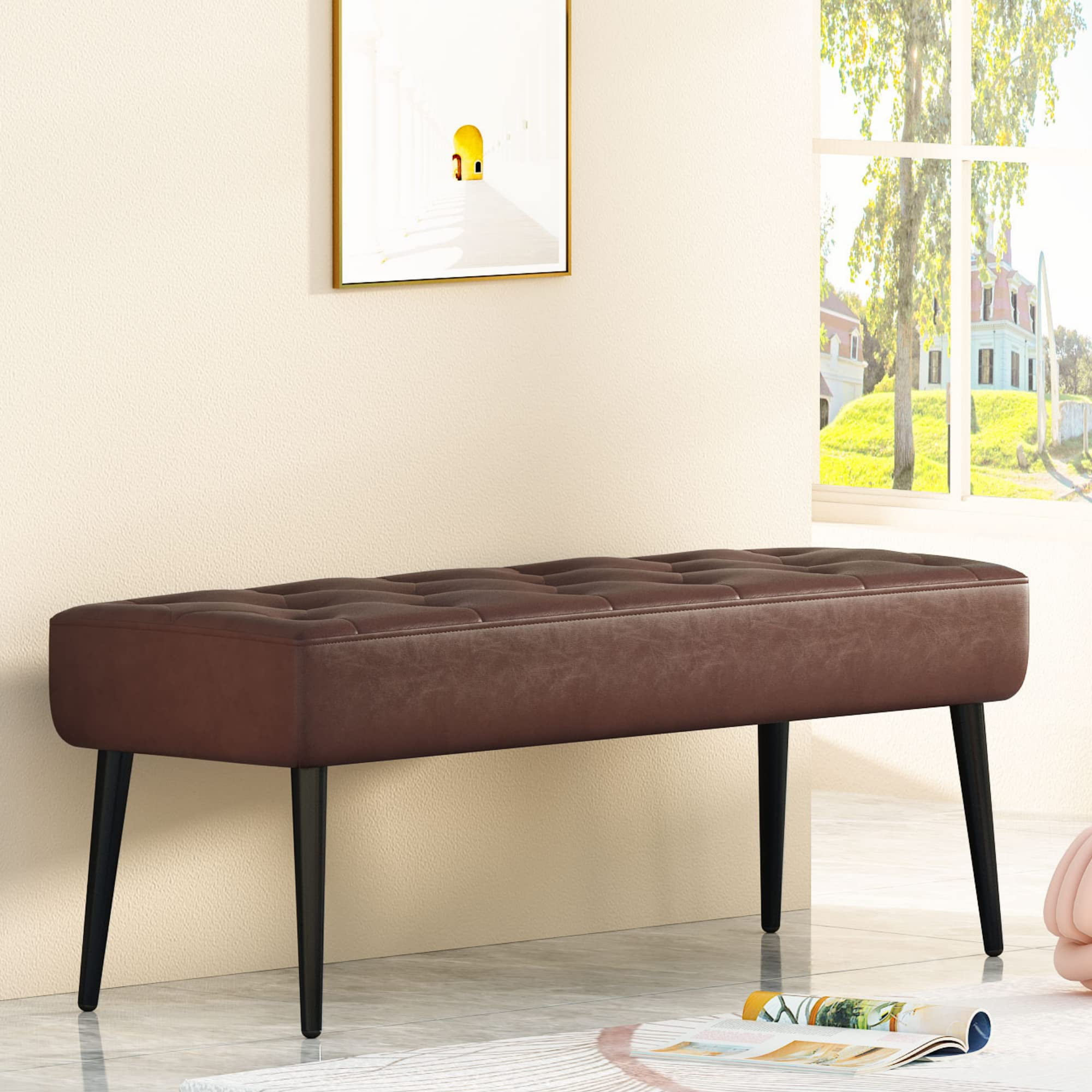 AWQM Leather Entryway Bench, Modern Upholstered Tufted Ottoman Stool