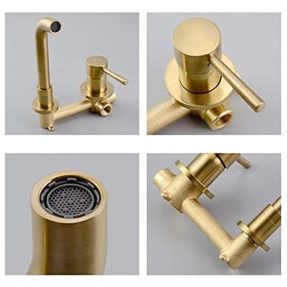 Brass Bathroom Sink Faucet with Pop Up Drain Widespread Basin Mixing Tap with Valve Water Supply Hoses, Brushed Gold