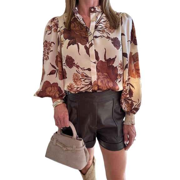 Women's Brown Floral Print Long Sleeve Shirt – Casual Daily Wear, XL