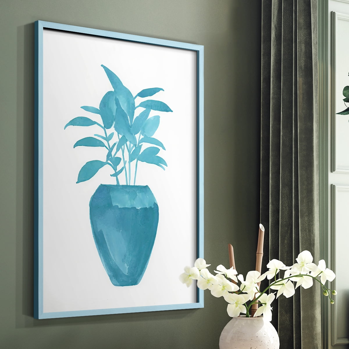 Watercolor House Plant V Framed Print in Blue Solid Wood 11 x 14 Framed Print
