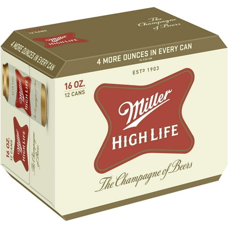 Miller High Life Beer, American Lager, 12 Pack Beer, 16 fl. oz. Cans, 4.6% ABV