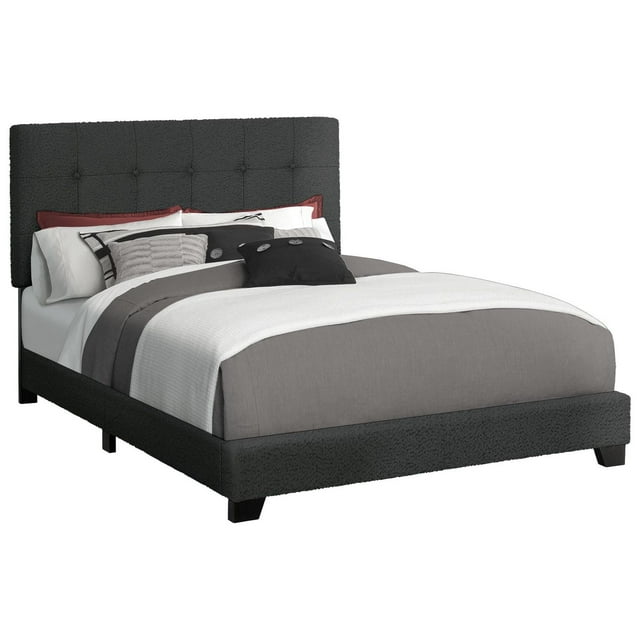 Queen size Monarch Specialties bed frame upholstered in dark grey boucle fabric featuring a tufted headboard and low-profile footboard.