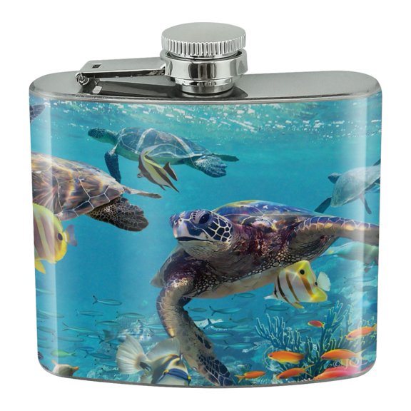 Ocean Coral Reef Sea Turtles Diving Stainless Steel 5oz Hip Drink Kidney Flask