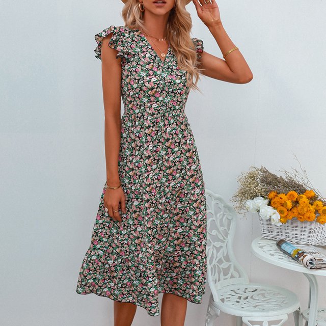 Vestido con estampado floral y escote en V, vestido con estampado floral y escote en V, vestido con estampado floral y mangas con volantes, ingeniería de precisión