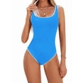 thumbnail image 3 of Women'S One-Piece Swimsuit Color Block Ribbed Sports Adjustable Strap High Cut Swimsuits Blue M, 3 of 9