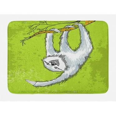 Sloth Bath Mat, Smiling Sloth Clutches Hanging on a Branch Habitat Wildlife, Non-Slip Plush Mat Bathroom Kitchen Laundry Room Decor, 29.5 X 17.5 Inches, Pale Grey Green White, Ambesonne