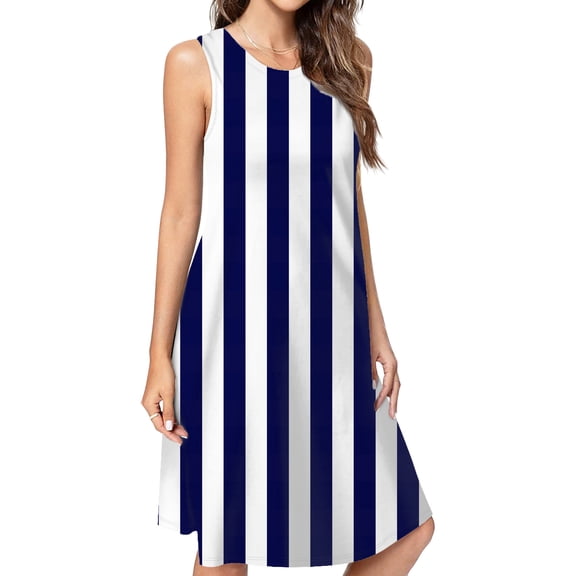 Aesthetic Ultramarine Blue And White Vertical Spring Summer Dresses For Women Fashion Dress Casual Sleeveless Loose Sundress With Pockets