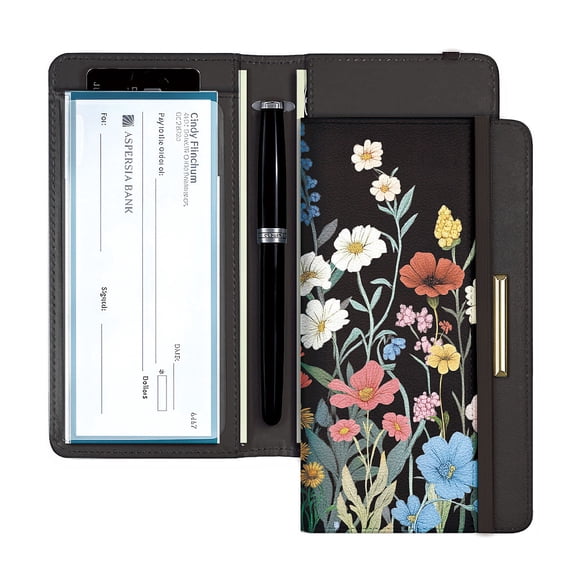 Checkbook Cover for Personal Checkbook Leather Checkbooks Holder 18x10.5cm Flower Duplicate Checks with Pen Holder and Cards Slots