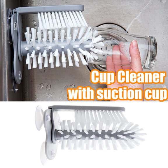 Travelwant 1 Set Water Bottle Cleaning Brush Glass Cup Washer with Suction Base Bristle Brush for Beer Cup, Long Leg Cup, Red Wine Glass and More Bar Kitchen Sink Home Tools Grey