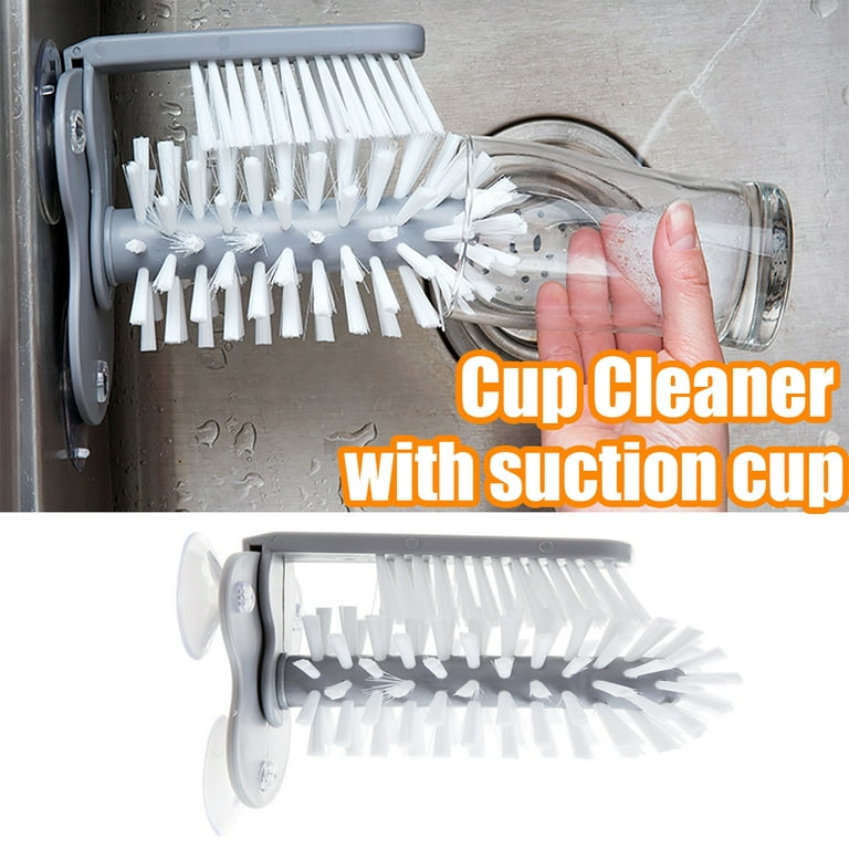 Travelwant 1 Set Water Bottle Cleaning Brush Glass Cup Washer with Suction Base Bristle Brush for Beer Cup, Long Leg Cup, Red Wine Glass and More Bar