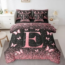 Homewish Initial E Letter Twin Bedding Sets 7-Piece, Black Pink Sequin Print Bedding Comforter Set, Romantic Butterfly Animal Reversible Sheet Sets, Luxury Bedroom Decor
