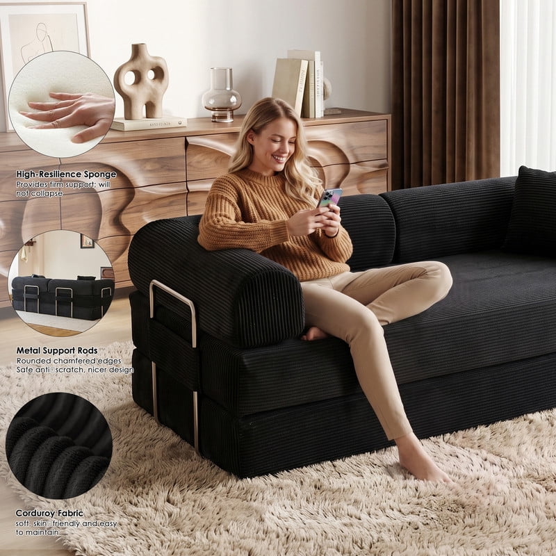 Anpport 78.8" Compression Boneless Sectional Sofa, Convertible Floor Sleeper Bed with Pillow Back Armrest, Corduroy Fabric, Black, for Living Room Bedroom