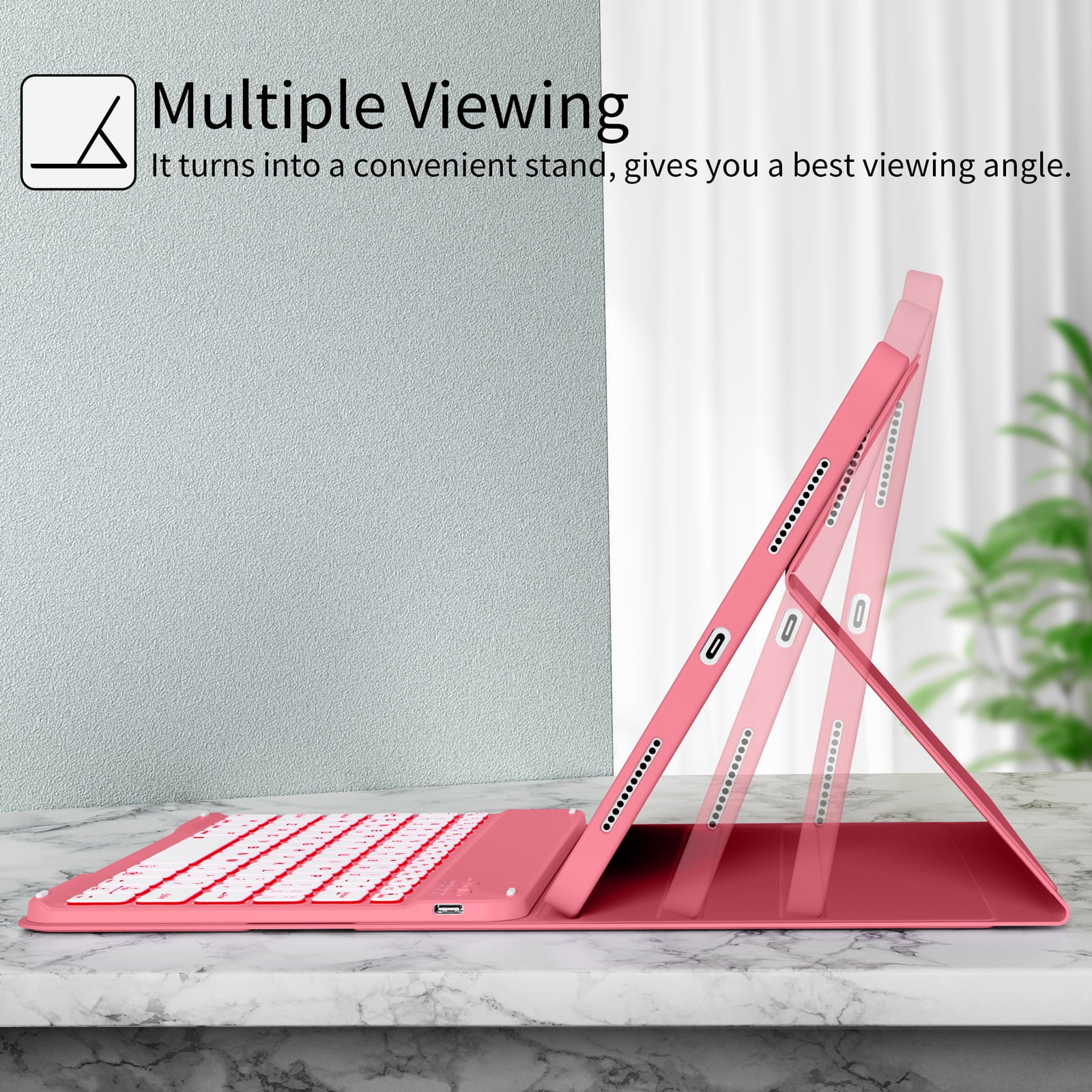Kenke Case iPad (A16) 11th Generation 11 inch 2025,for iPad 10th Generation 10.9 Inch 2022 with Keyboard - 7 Colors Backlit Wireless Detachable, with Pencil Holder Keyboard Case, (Pink Red)