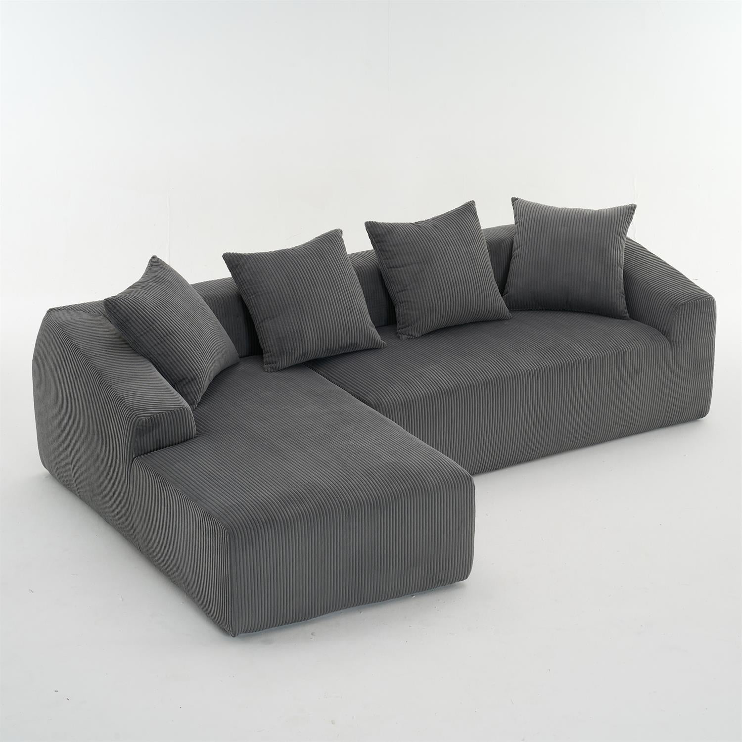 Demi Bonn 101" Corduroy Compression Sofa with Chaise Lounge, 3-Seater Couch with Full Sponge Cushion & 4 Pillows, Ideal for Living Room, Dark Gray