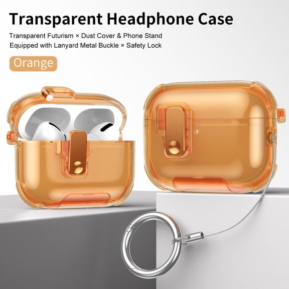 Dteck Transparent Protective Case for Apple AirPods Pro 2nd Generation (2022),Shockproof TPU PC Case Lock Case Stand with Ring Strap Cover for AirPods Pro 2 2022,Orange